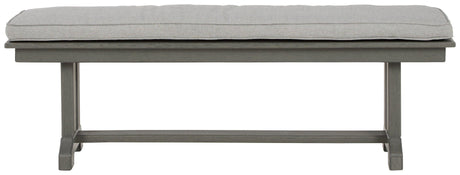 Side view of Visola gray outdoor dining bench with cushion