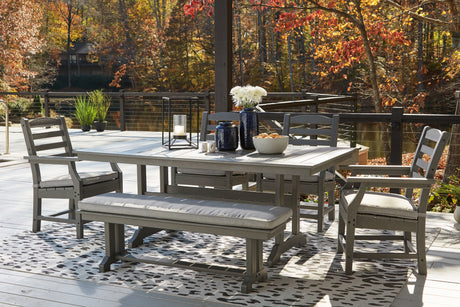 Visola Gray Outdoor Dining Table Close-Up of Slatted Plank-Style Top