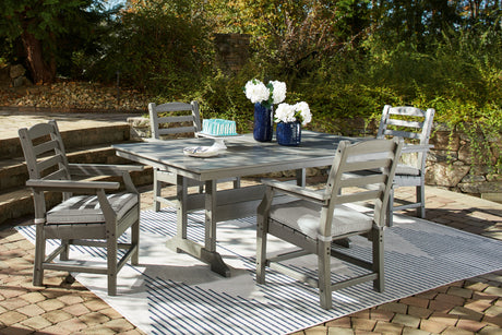 Side view of Visola gray outdoor dining chair with cushion