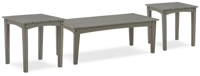 Side view of Visola gray outdoor coffee table with slatted top