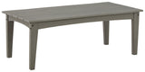 Visola Gray Outdoor Coffee Table head-on view highlighting textured wood-look finish