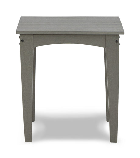Slatted gray outdoor chair back view