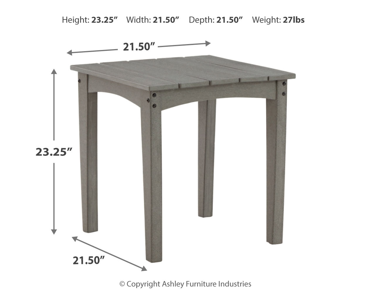 End table dimension diagram from Visola outdoor furniture