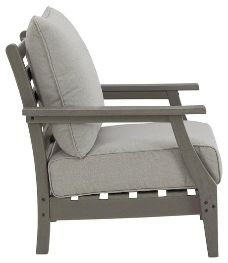 Visola gray outdoor lounge chair with cushions side angle