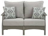 Visola Gray Outdoor Loveseat with cushion front close-up