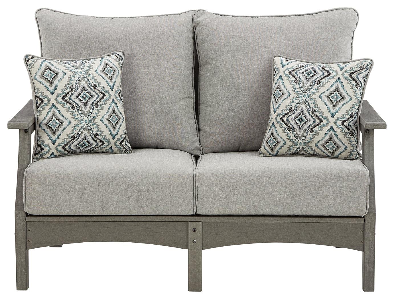 Visola Gray Outdoor Loveseat with cushion front close-up