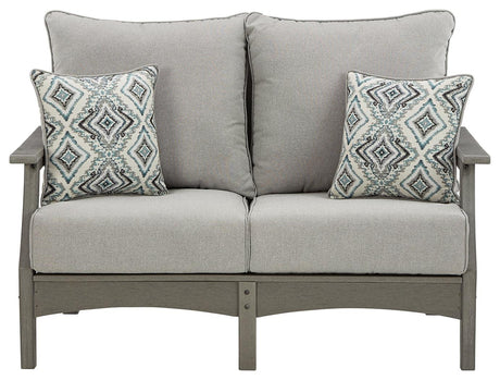 Visola Gray Outdoor Loveseat with cushion front close-up