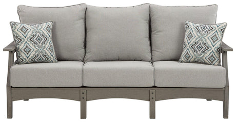 Visola Gray Outdoor Sofa with cushions close-up head-on