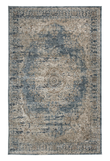 Close-up of South blue and beige 8x10 area rug medallion pattern