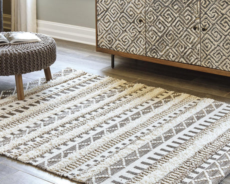 Karalee Ivory and Brown 8 x 10 Rug, top view showing geometric pattern