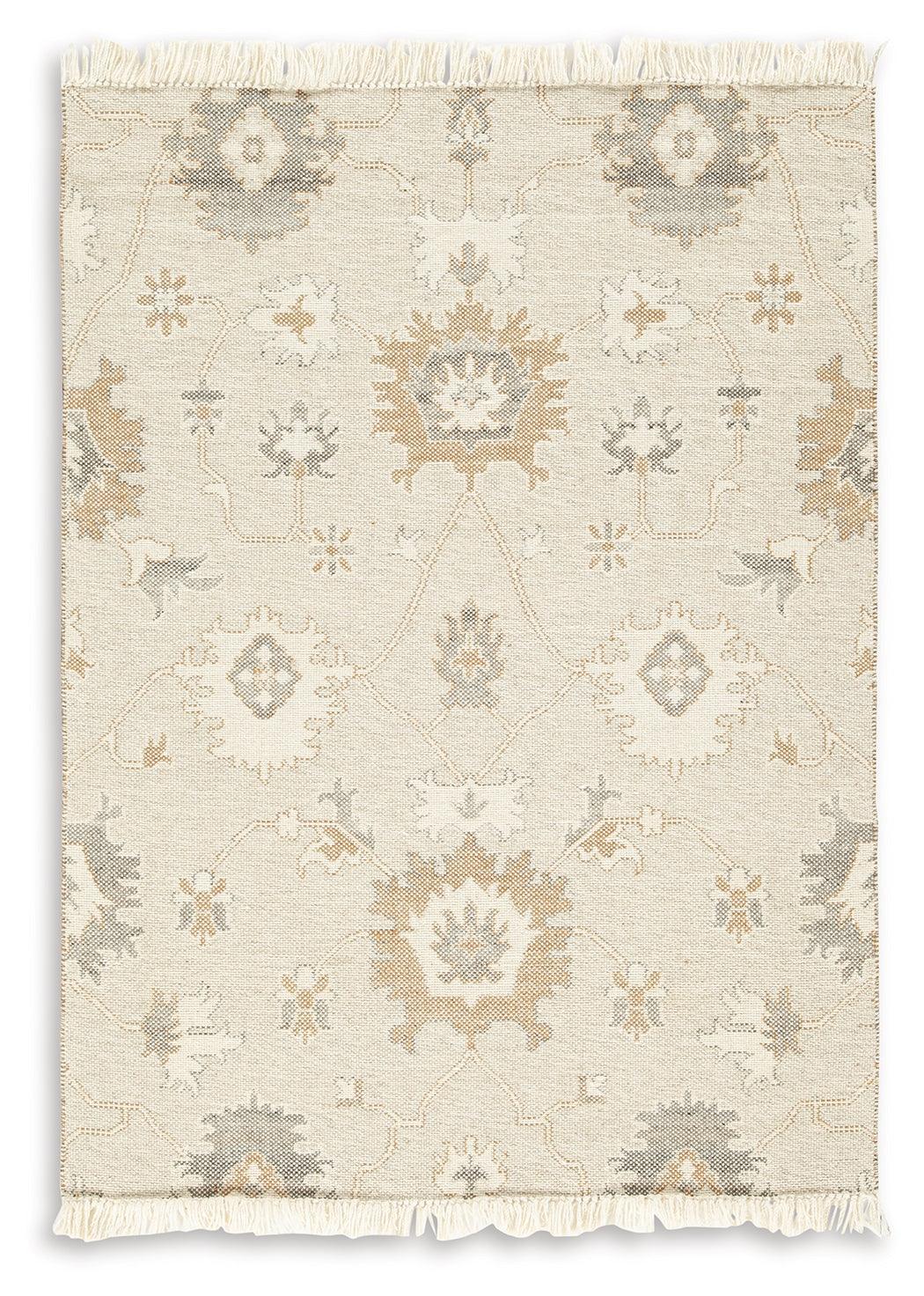 Calkin 5x7 linen gray caramel rug rolled detail