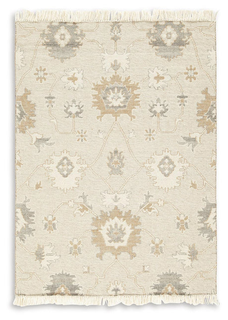 Calkin 5x7 linen gray caramel rug rolled detail