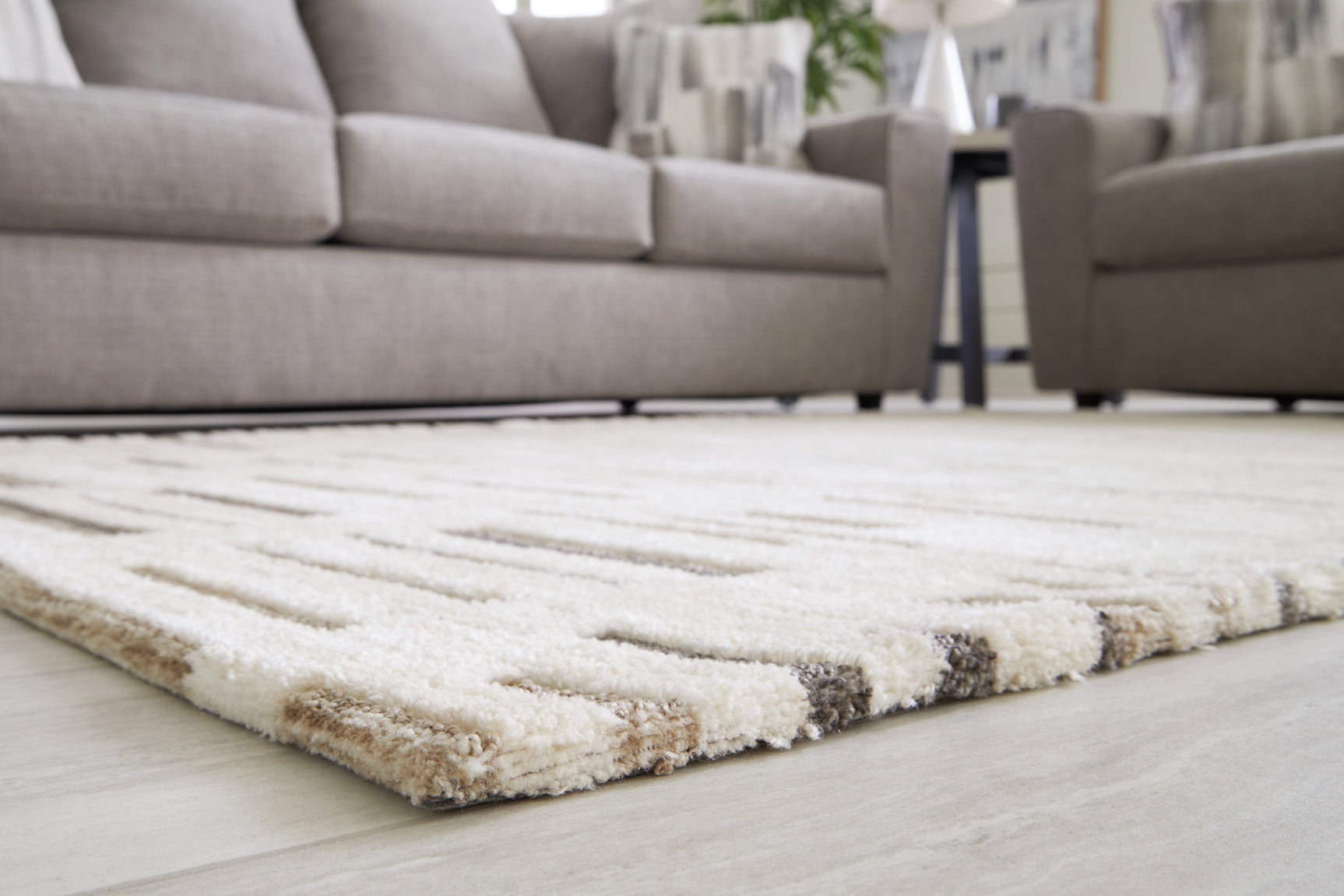 Detail of handwoven polyester fiber and cotton backing on Leesdale rug