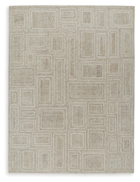 Close-up detail of hand-tufted pile on Brickburgh gray ivory honey rug