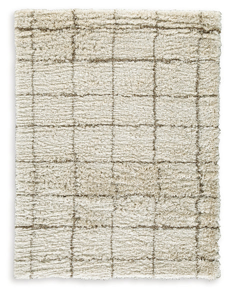 Close-up detail of Wrenlow shag rug texture and colors