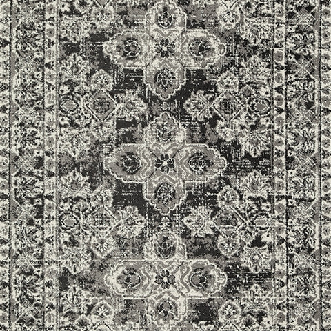 Glennisman rug fabric swatch in black gray ivory colors