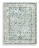 Ladstoney area rug folded showing backing