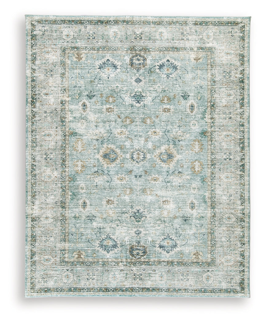 Ladstoney area rug folded showing backing