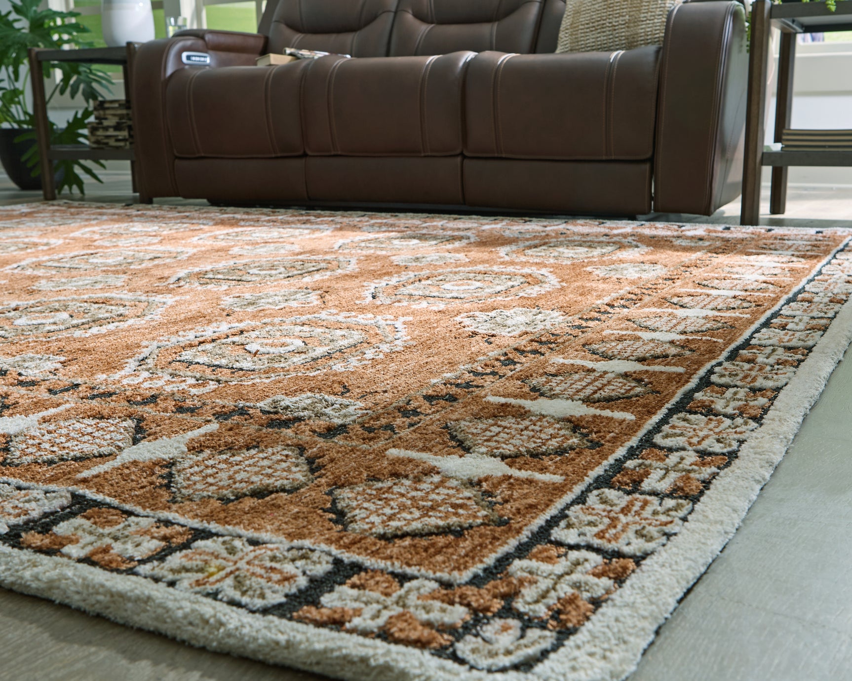 Detail of medallion pattern on Qaabiz area rug