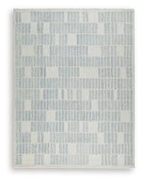 Hand-tufted geometric pattern detail of Dylanton ivory and blue rug