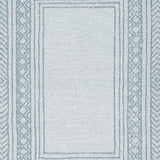 Swatch showing color palette of Azelhurst blue, ivory, gray rug