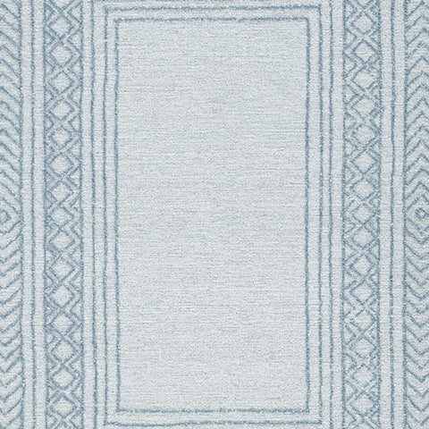 Swatch showing color palette of Azelhurst blue, ivory, gray rug