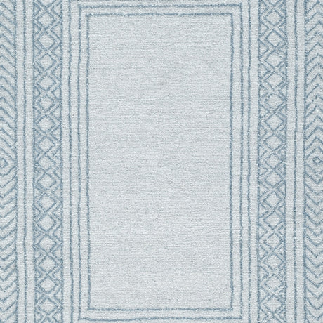Swatch showing color palette of Azelhurst blue, ivory, gray rug