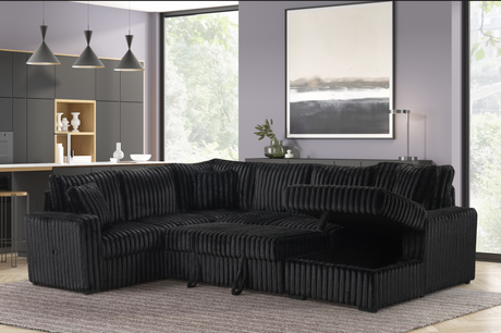 front view of Raha II black sectional sofa with storage compartments