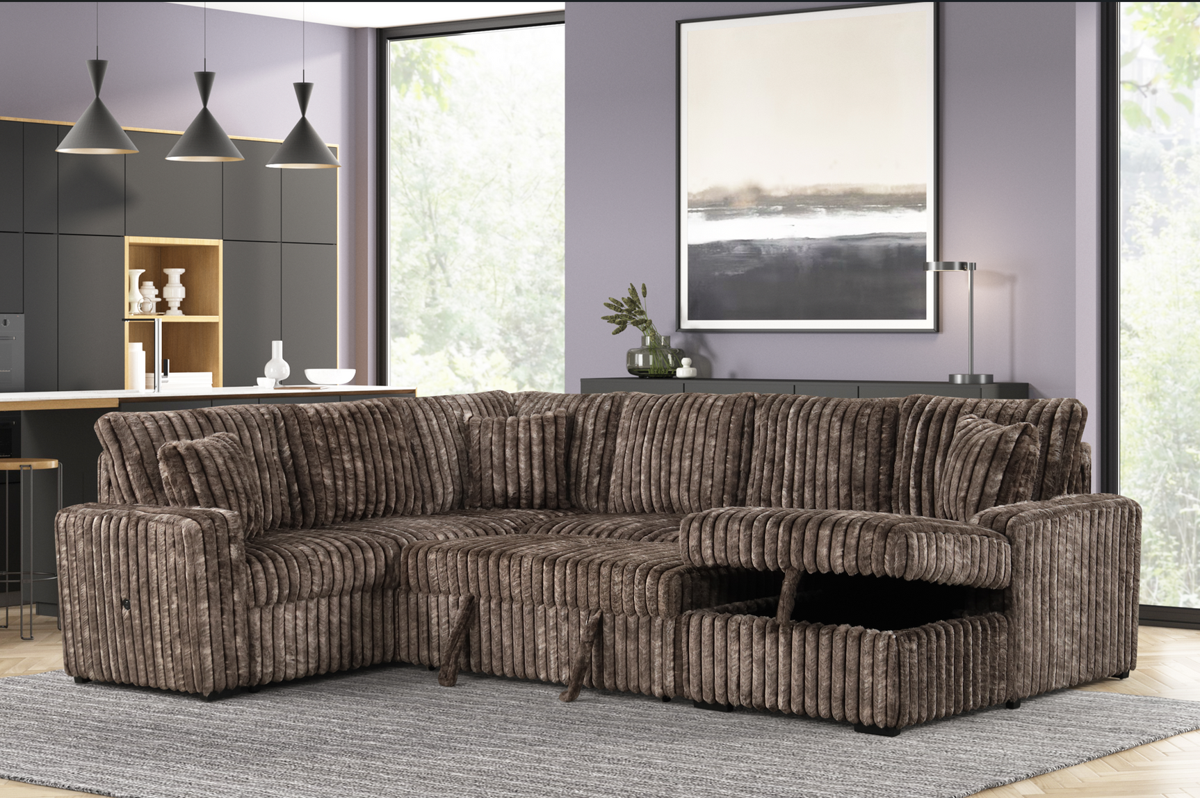 main view of Raha II Brown Storage Sectional sofa in brown fabric
