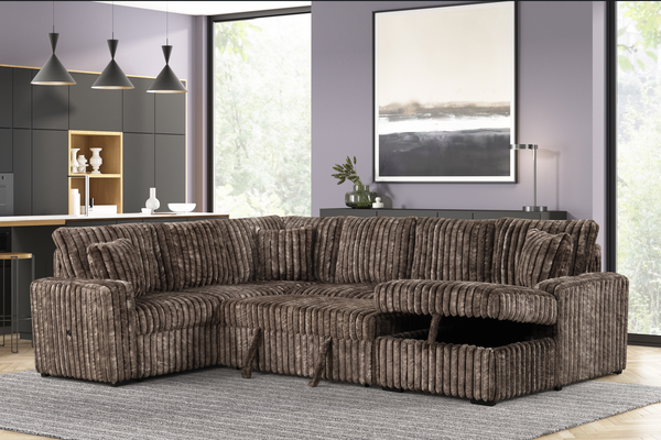 main view of Raha II Brown Storage Sectional sofa in brown fabric