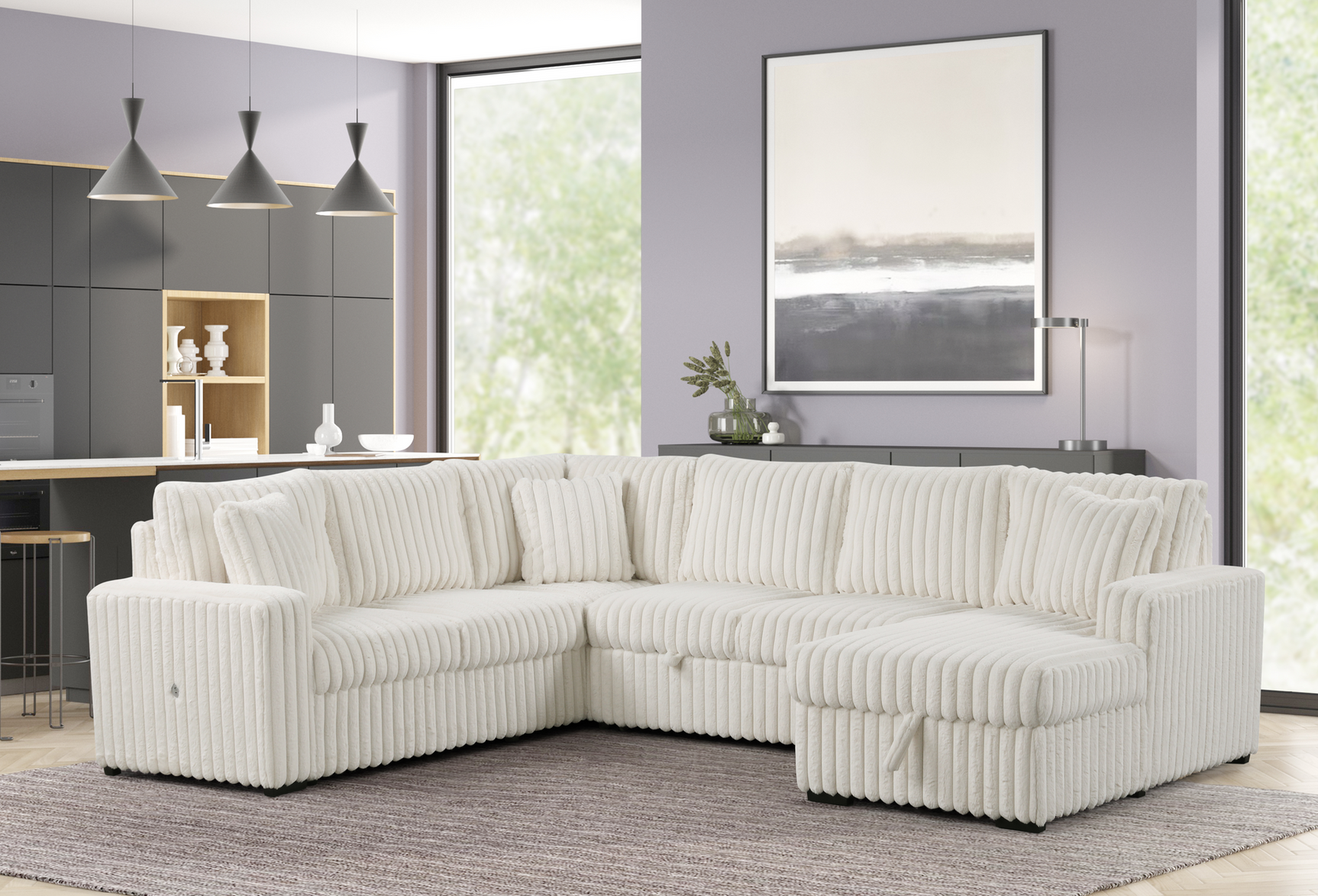 Side view of Raha II White Storage Sectional Sofa