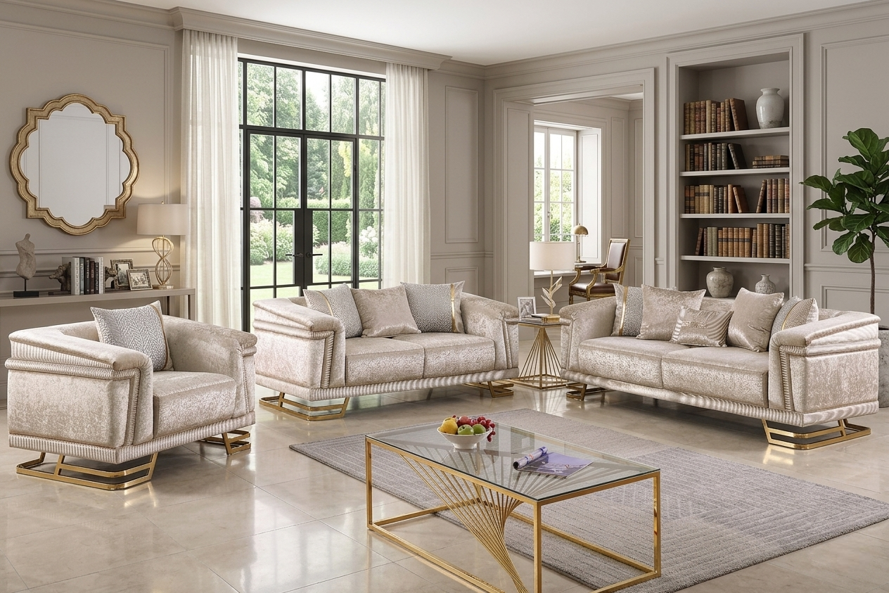 Amalfi Champagne Crushed Velvet Sofa and Loveseat Set with Gold Geometric Bases and Pillows from Decor Furniture