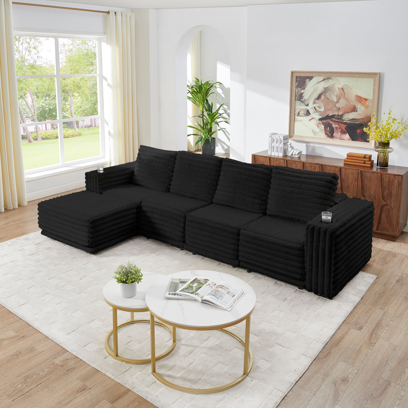 Detail close-up of Nuve Black Modular Sectional upholstery and frame