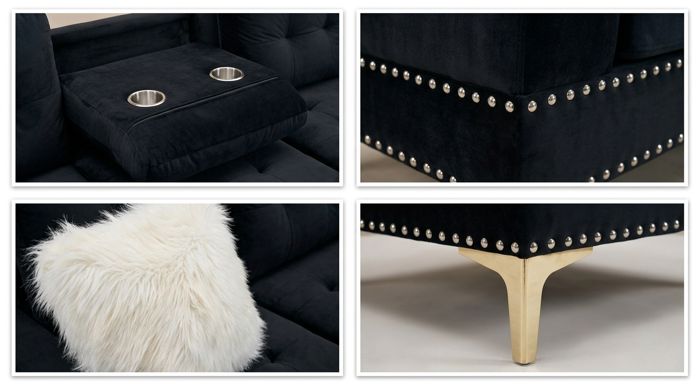 Joy II Black Velvet Sectional with Gold Accents, Storage Ottoman, and Cupholder Table view 2