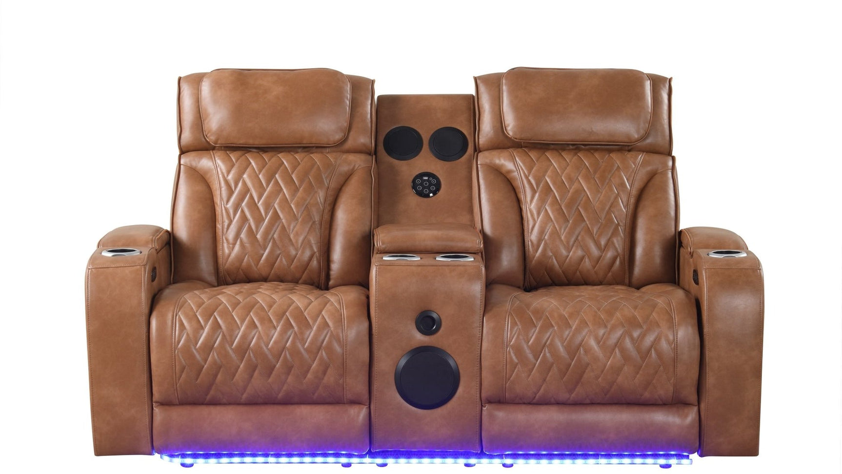 Power recliner showing USB charging ports and LED base