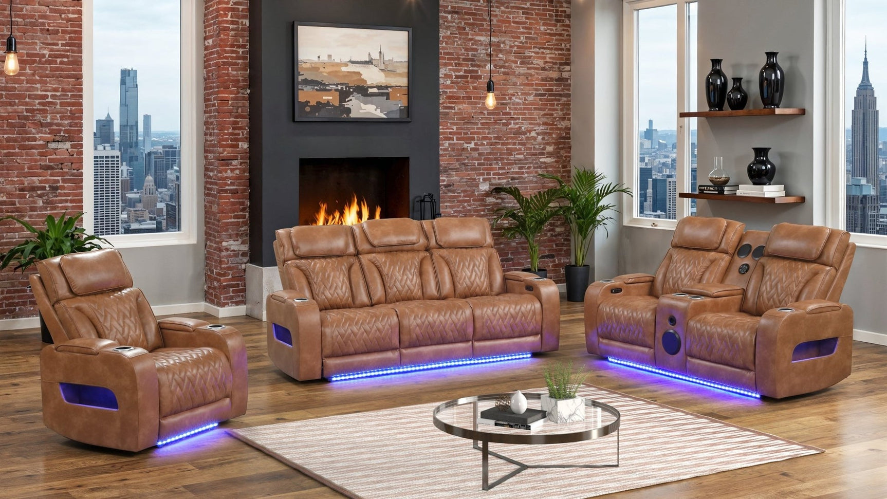Skyline brown leather power recliner angled view