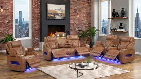 Skyline brown leather power reclining sofa from side angle