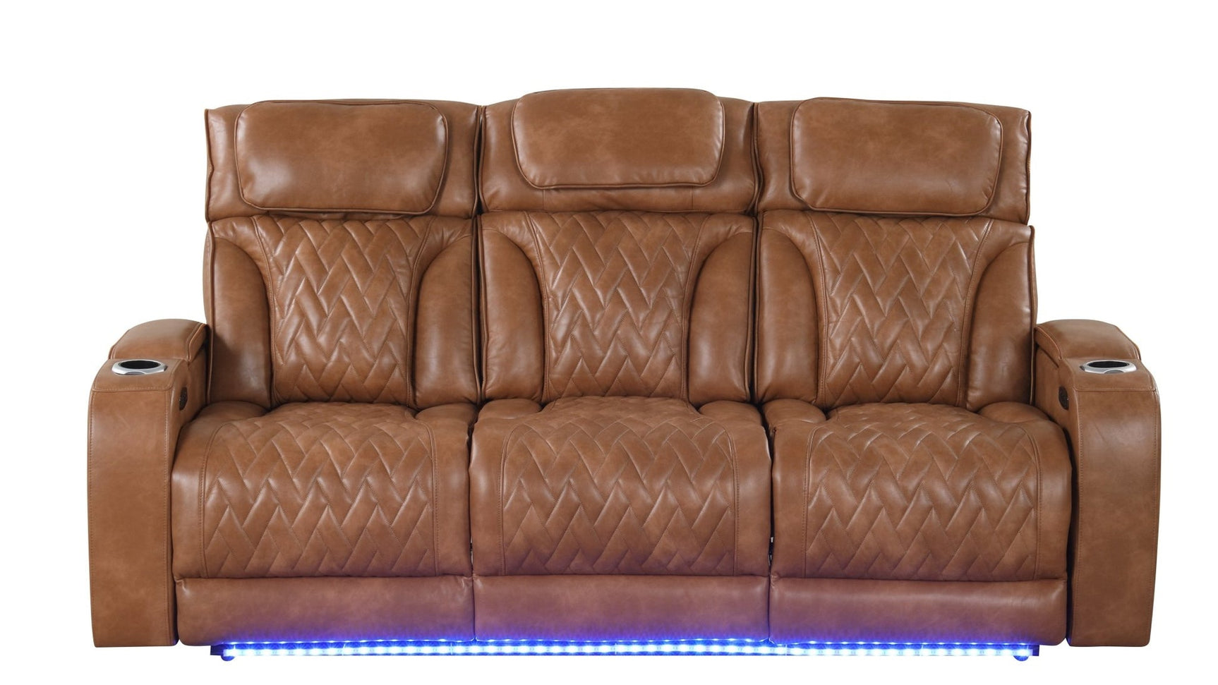 Power reclining sofa with LED lighting and cupholders