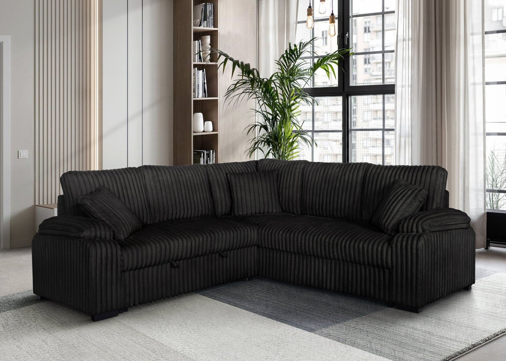 Neeha black corduroy fabric sectional sofa side view