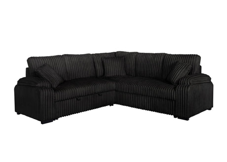 Detail of pullout bed mechanism on black corduroy sectional