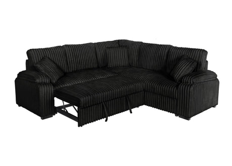 Living room view of Neeha black corduroy sectional sofa with pullout bed