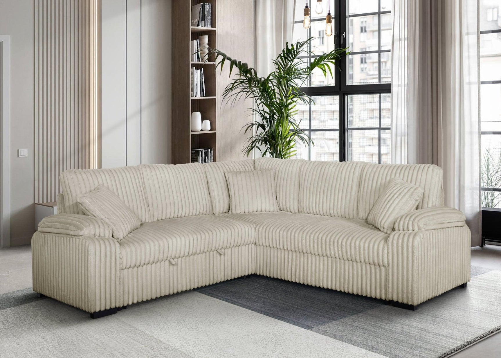 Side view of Neeha Cream Corduroy Sectional Sofa