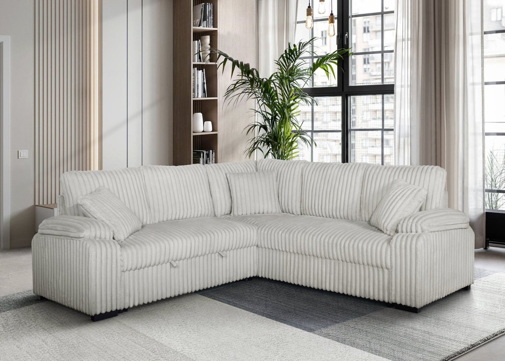 Close-up detail of gray corduroy fabric on Neeha sectional