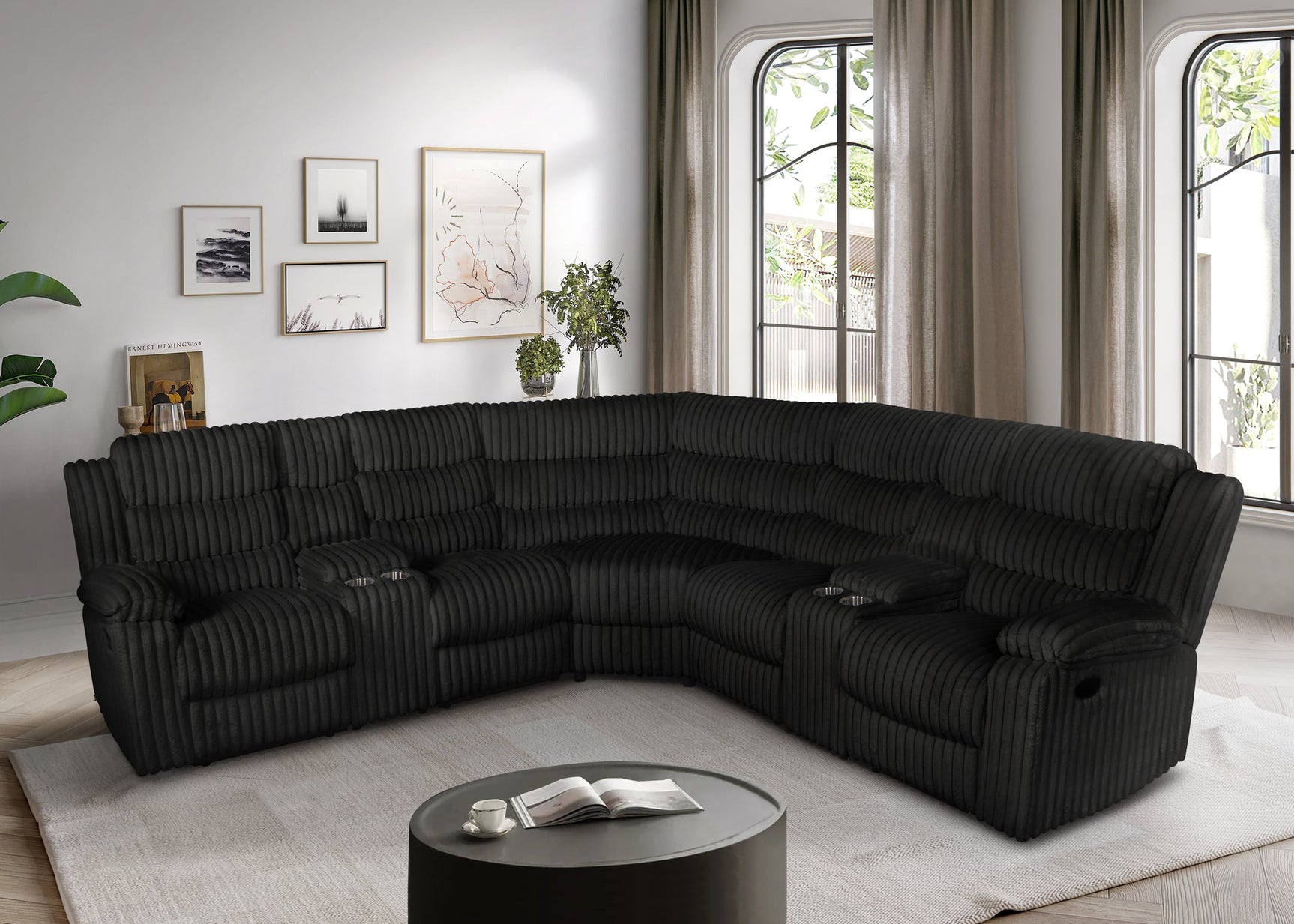 Calantha sectional sofa in black corduroy fabric, front angle