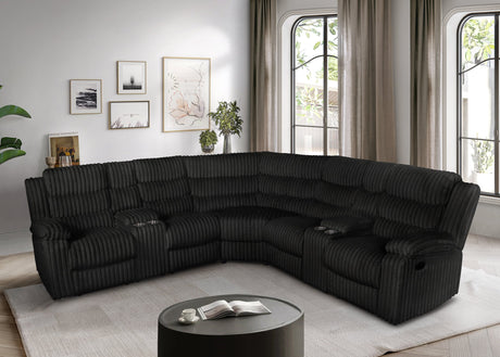 Calantha sectional sofa in black corduroy fabric, front angle