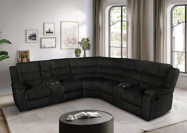 Calantha sectional sofa in black corduroy fabric, front angle