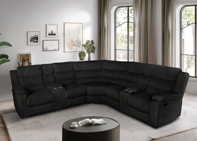 Calantha sectional sofa in black corduroy fabric, front angle