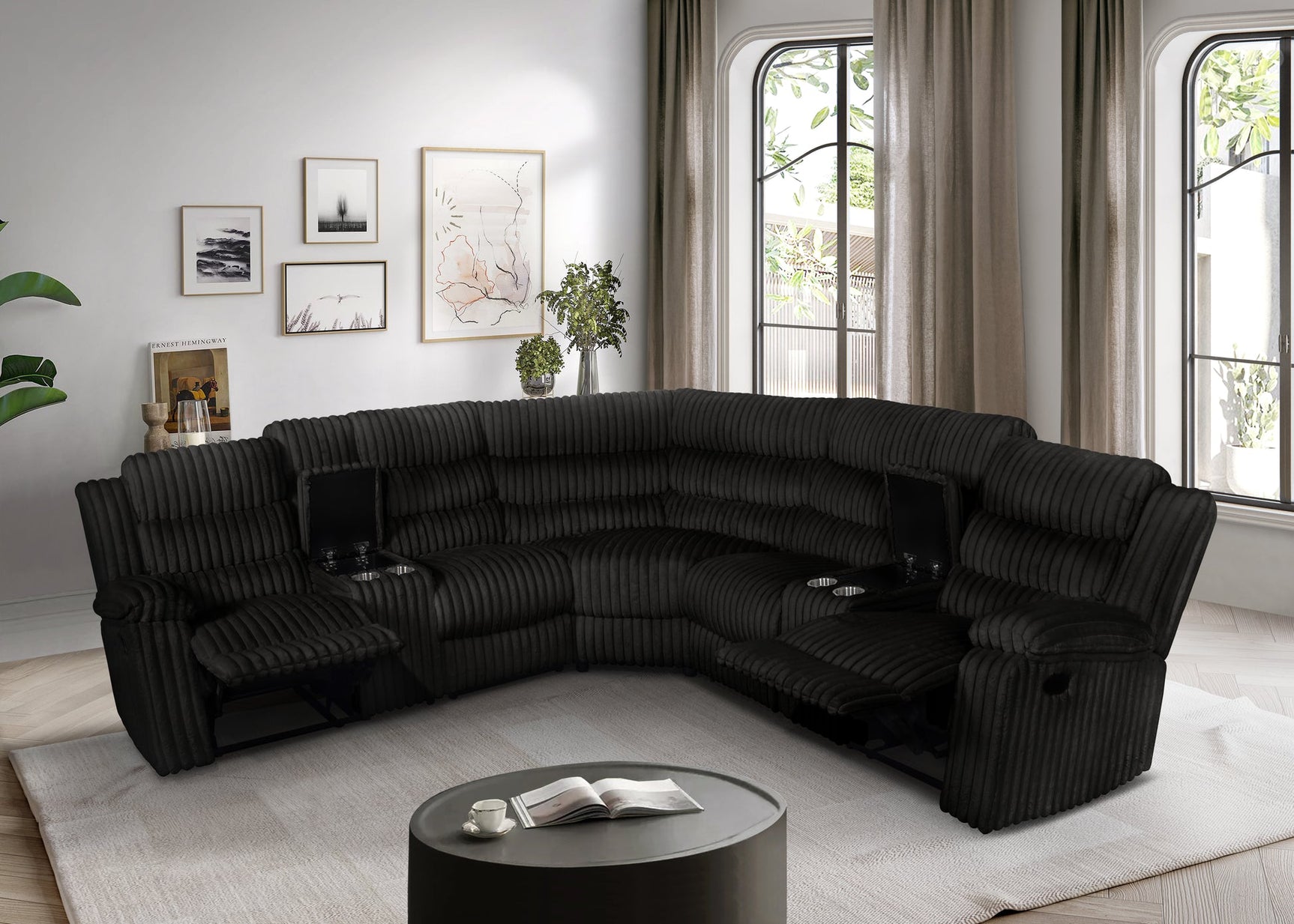 Sectional sofa showing open recliner function
