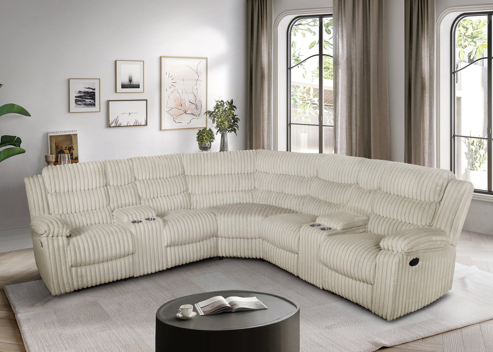 Calantha cream corduroy reclining sectional front angle