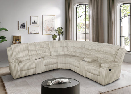 Calantha cream corduroy reclining sectional front angle